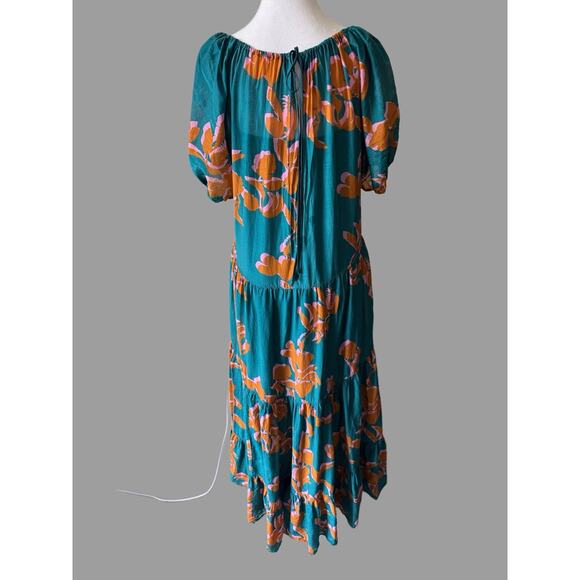 La Ligne New York Tiered Floral Maxi Dress XL Teal Cotton Silk Blend Puff Sleeve - Picture 2 of 7